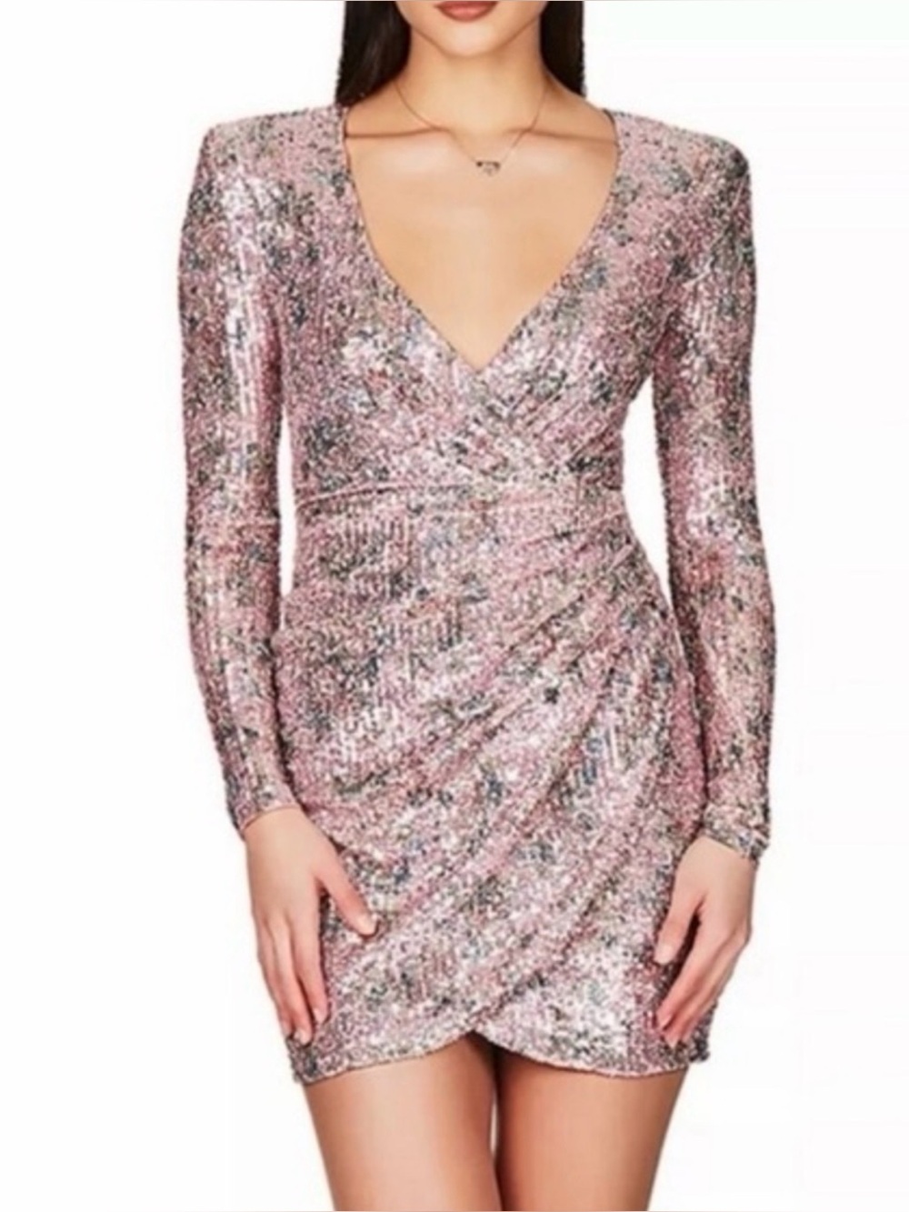 Nookie Fantasy Pink Sequined Long Sleeve Ruched Wrap V-Neck Party Mini Dress XS